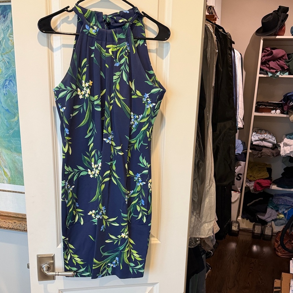 Tommy Bahama Navy Halter Dress with Green Floral Print